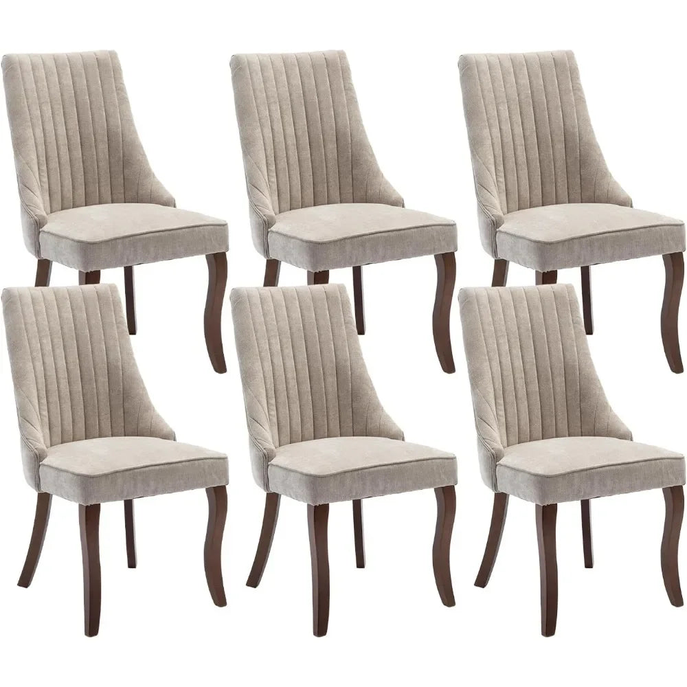 Dining Chairs Set of 6, Linen Channel Tufted Kitchen Dining Room Chair with Curved Wood Legs, Fabric Upholstered Dining Chair