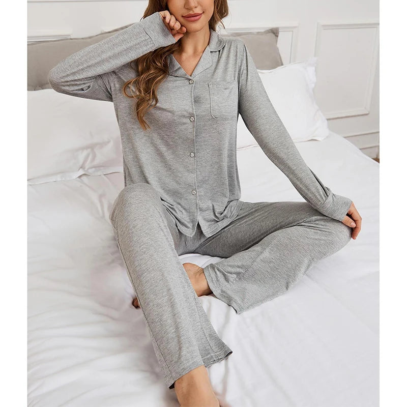 Autumn Modal Long-sleeved Tops&Long Pants Trousers Sets 2Pcs Women's Pajamas Sleepwear Nightwear Solid Home Clothes Cardigan