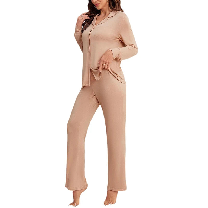 Autumn Modal Long-sleeved Tops&Long Pants Trousers Sets 2Pcs Women's Pajamas Sleepwear Nightwear Solid Home Clothes Cardigan