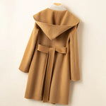 Korean Design Women Double-sided Cashmere Mid-length Hoodie Coat With Belt Lace Up Hooded Slimming Wool Jacket Winter