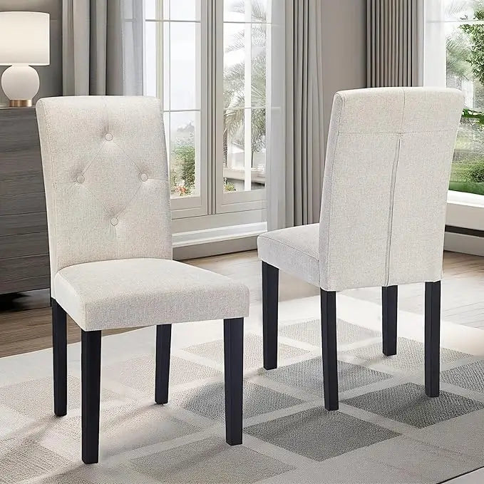 Upholstered Dining Chairs Set of 6 Modern Fabric and Solid Wood Legs & High Back for Kitchen/Living Room-Beige