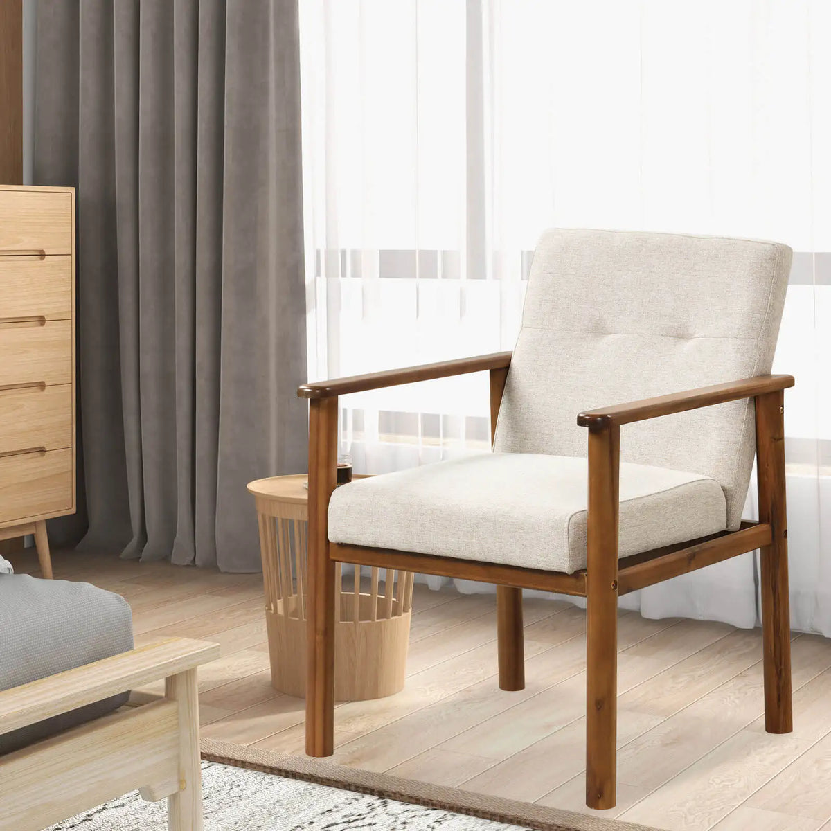 2 PCS Modern Accent Chair Upholstered Linen Fabric Armchair with Solid Wood Legs