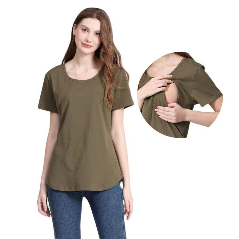 Green Lily Short Sleeves Cotton Maternity Top