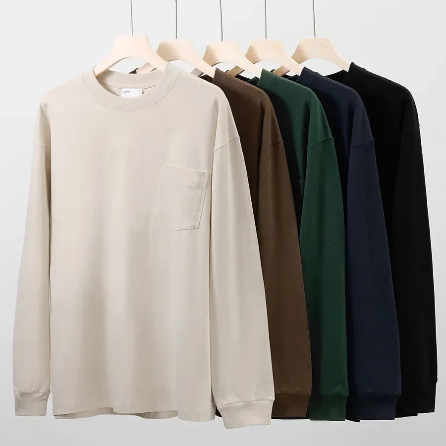 Oversize 100% Cotton Pocket Long Sleeved T-shirt for Men and Women's Spring Casual Round Neck Bottom Tops Solid Sweatshirts