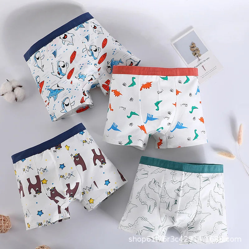 4PCS/Set Baby Boys Cartoon Print Underwear For 1-13Years Kids Double Layer Antibacterial Panties Children Cotton Boxers