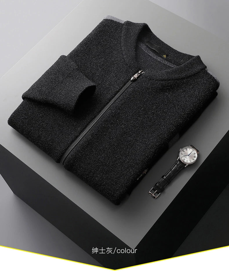 Men's 100% merino wool round neck cashmere cardigan thick warm computer jacquard sweater long sleeve business casua