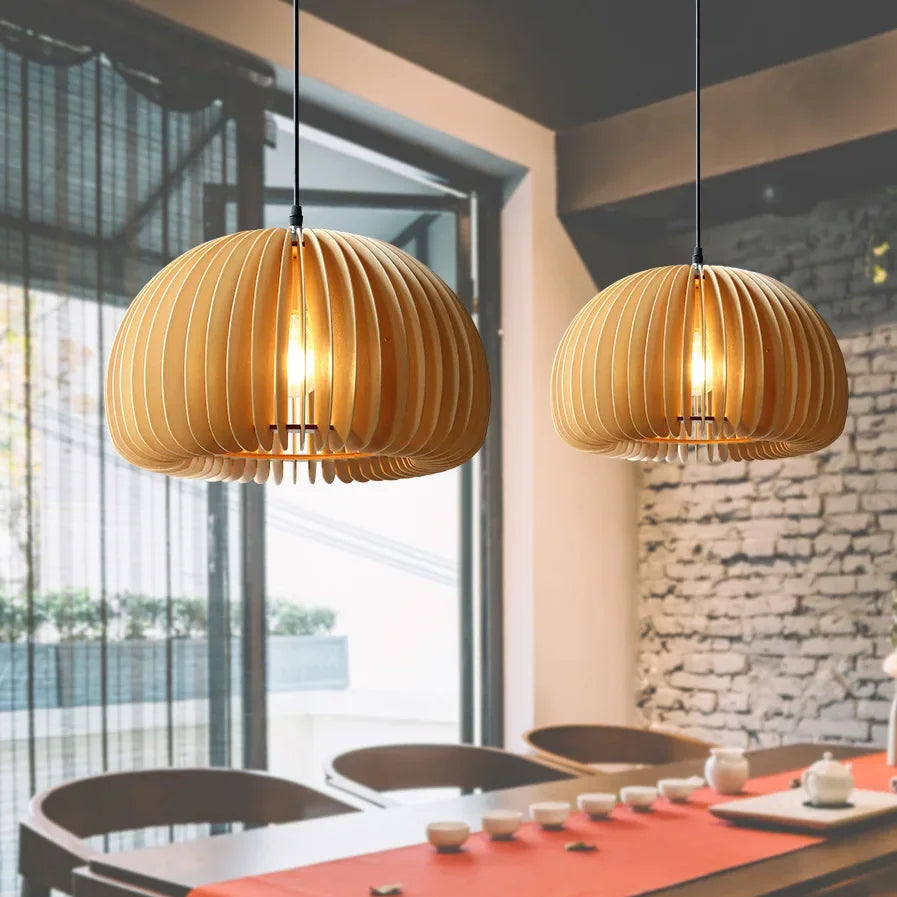 Modern Wood Pumpkin Pendant Light Hand Made Hanging Lamp Dining Bed Room Bedside Natural Home Decor Fixture E27 18 30 35 42cm