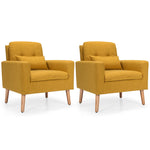 Set of 2 Accent Chairs Upholstered Linen Armchairs w/Waist Pillow Yellow