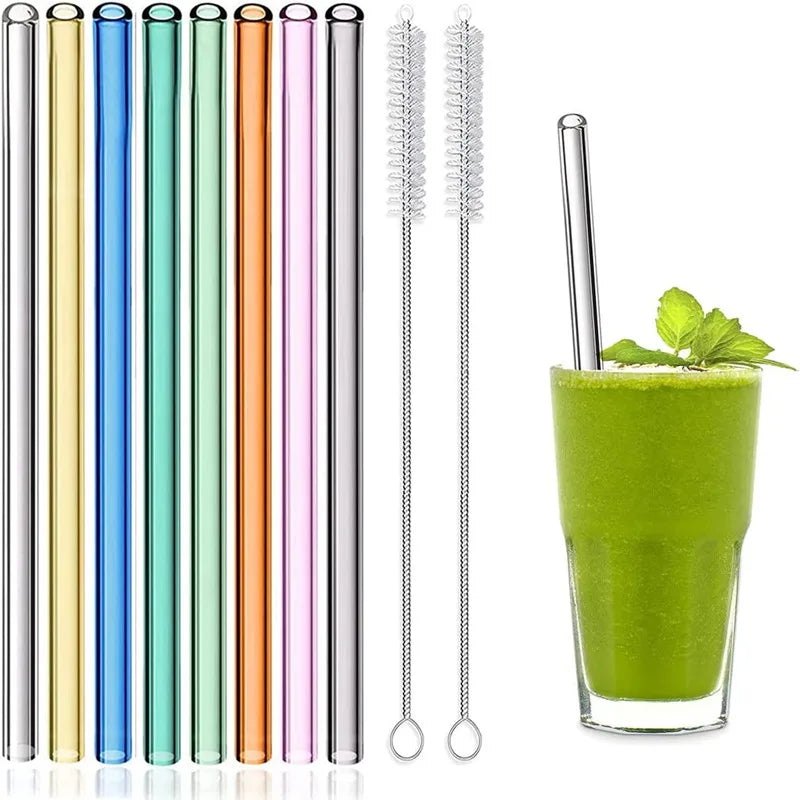 8Pcs Reusable Colored Heat Resistant Borosilicate Glass Straws With Cleaning Pipes