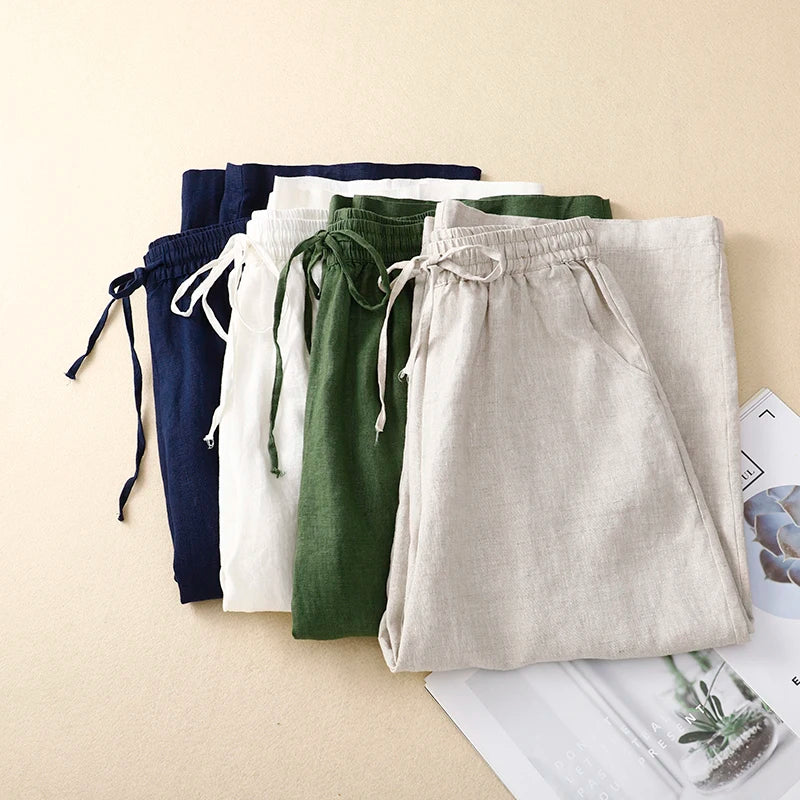 Olive Grove Calf-Length Wide Leg Cotton Linen Womens Pants
