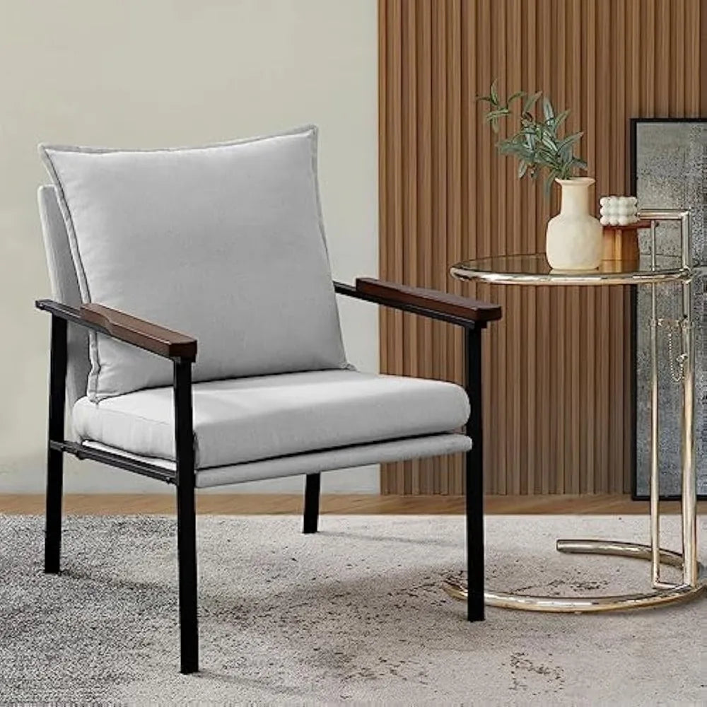 Mid-Century Modern Armchair with Wide Solid Wood armrests,Metal Frame and Foam Upholstery and Cotton Cushion,Linen Fabric