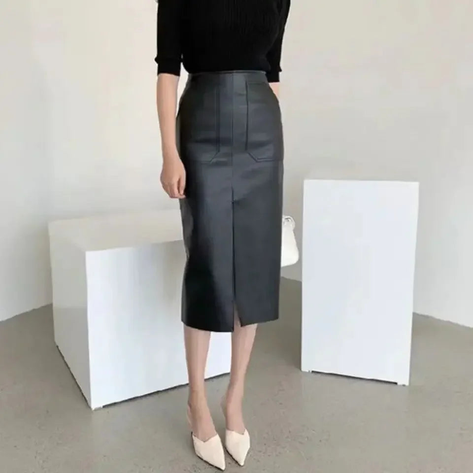 Women Matte Faux Leather Hem Split Midi Shkirts Office Ladies High Waist PU Pencil Skirt With Pockets New Casual