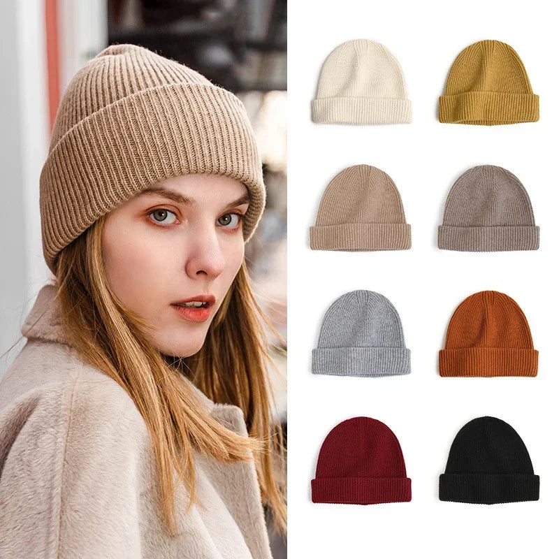 Knitted 100% Pure Real Wool Hats anf Cap for Women Men Unisex Solid Winter Warm Wool Hats Men Thicken Woolen Skullies Beanies