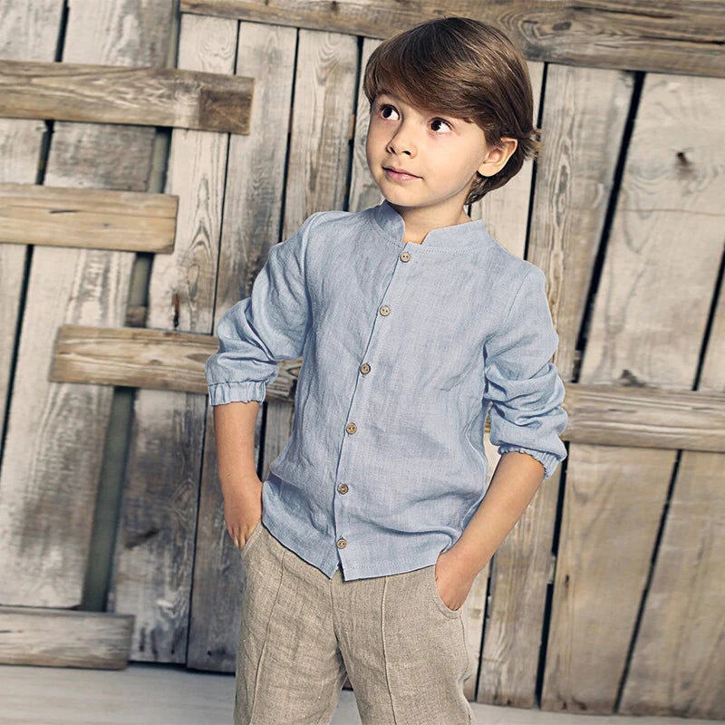 Vintage Cotton And Linen Boys Shirt Spring New Children's Casual England Style Buttons Long Sleeved Linen Shirts TZ412
