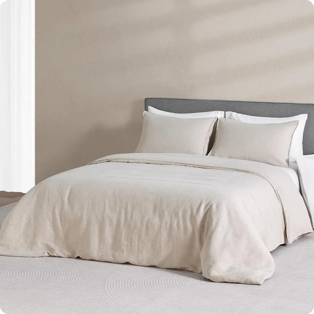 Natural Oasis 100% Linen Duvet Cover & Pillowcase Bed Set With Zipper & Ties