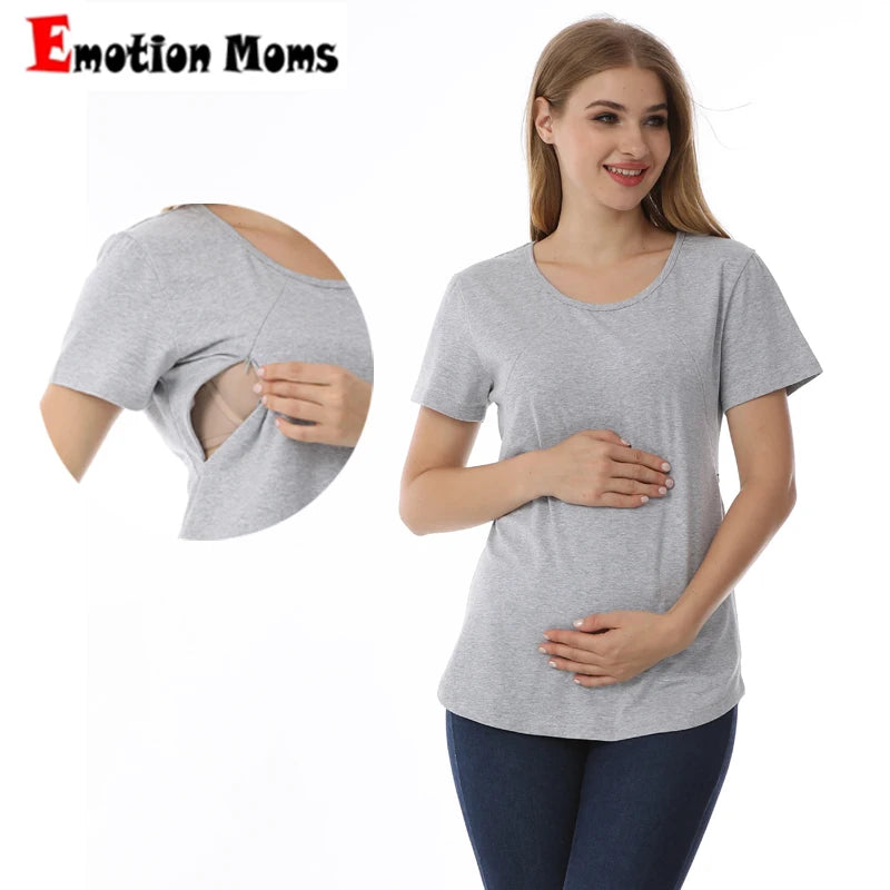 Emotion Moms New Women Maternel T-Shirt Short Sleeve Stretch Cotton Tops Zipper Breastfeeding Loose Pregnant Clothes Big Size