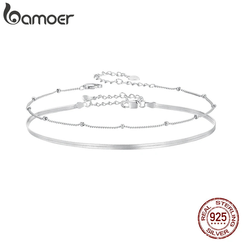 BAMOER 925 Sterling Silver Snake Chain Anklet Bracelet, Adjustable Beach Ankle Bracelets for Women Foot Chain Jewelry 3 Styles