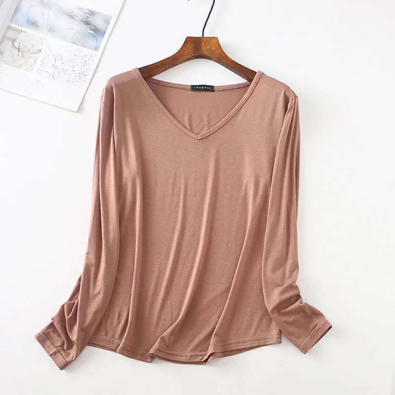 Autumn Modal Tshirt Women's Loose V Neck Bottoming T-shirts Long sleeves Casual Base Tee Tops Solid color Tee Shirts