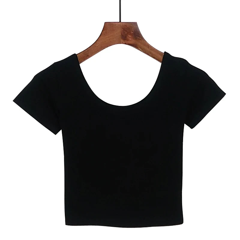 Stretch Women Cotton Sexy U Neck Crop Top Girls Short Sleeve Female Best Sell Popular Tee Top T-shirt Hot Sale