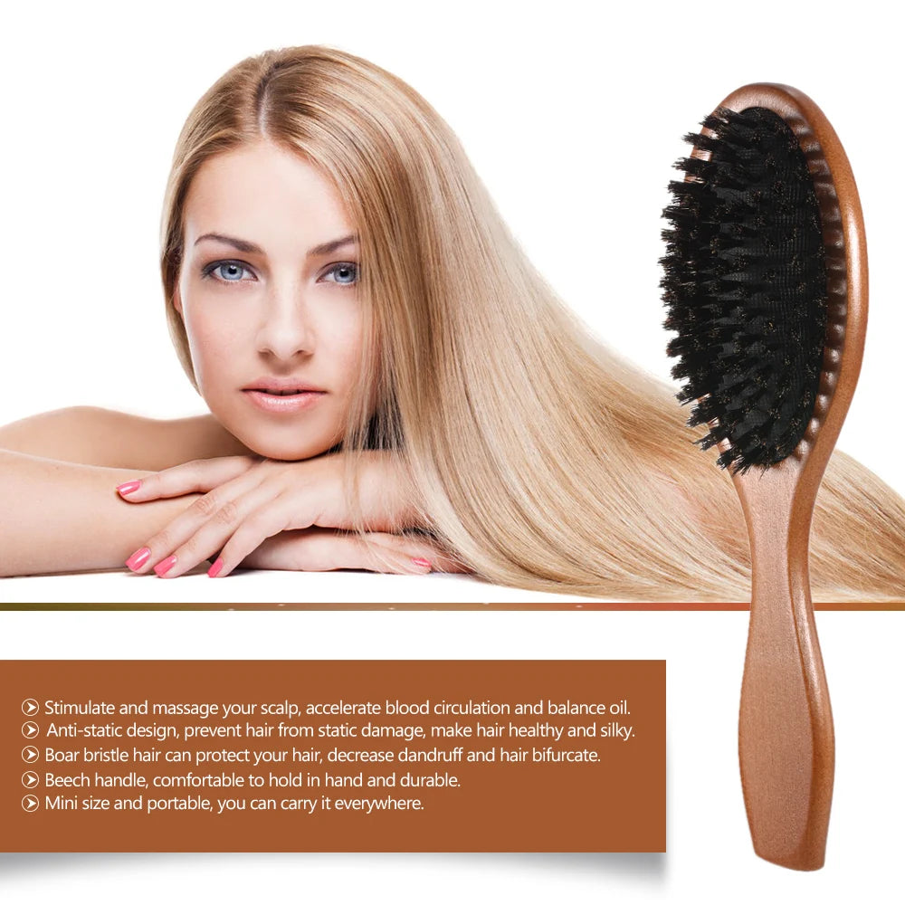 Natural Boar Bristle Hair Brush Women Comb Oval Anti-static Paddle Hair Extension Brush Scalp Massage Beech Wooden Handle