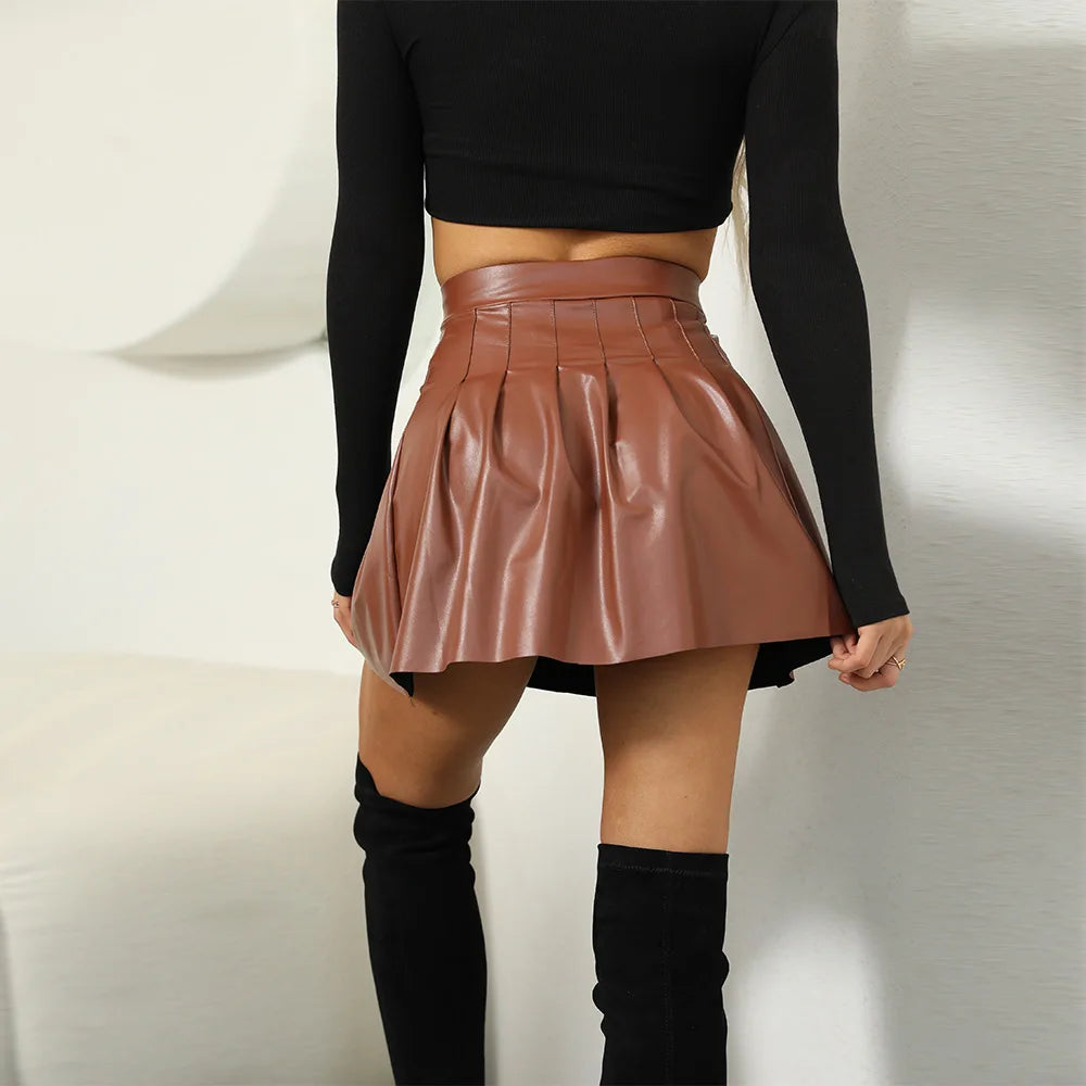 Women's Faux PU Leather Skirts Casual Clubwear High Waist Elastic Stretch Pleated A-Line Skirt QY