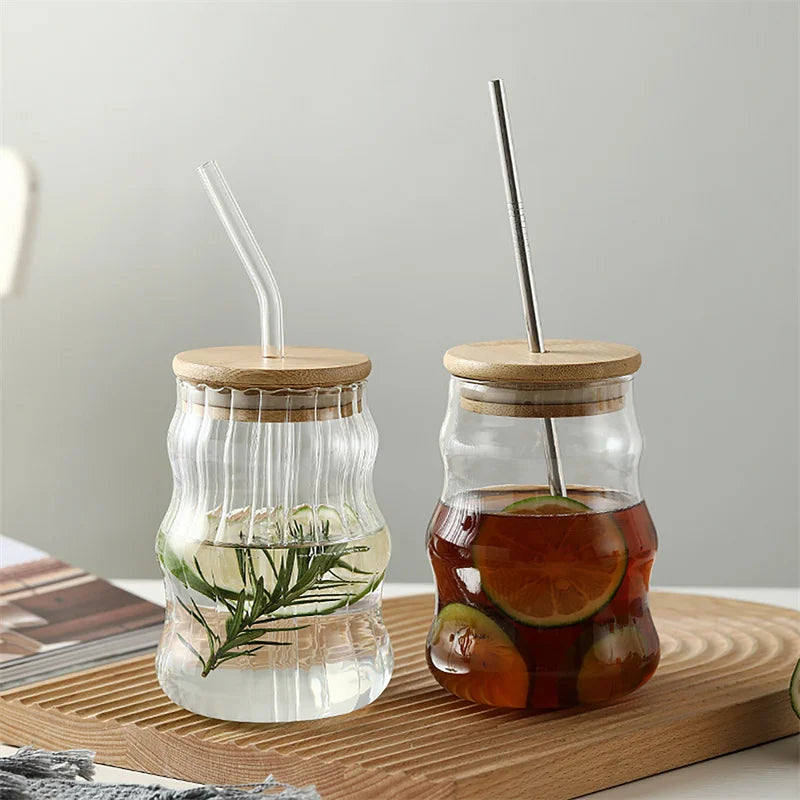 1Pc Latte Glass Cups With Wooden Lid and Straw