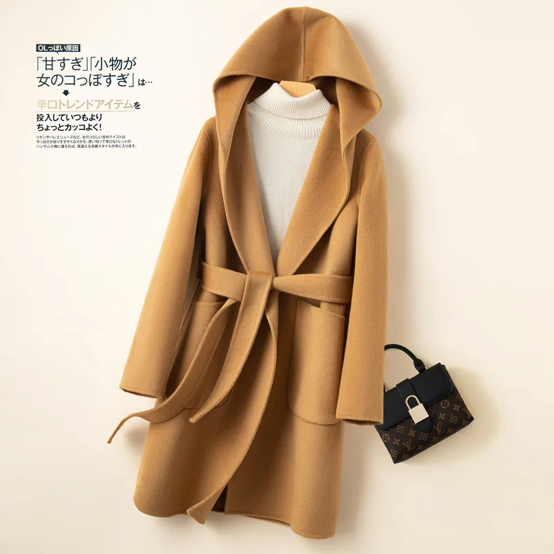 Korean Design Women Double-sided Cashmere Mid-length Hoodie Coat With Belt Lace Up Hooded Slimming Wool Jacket Winter