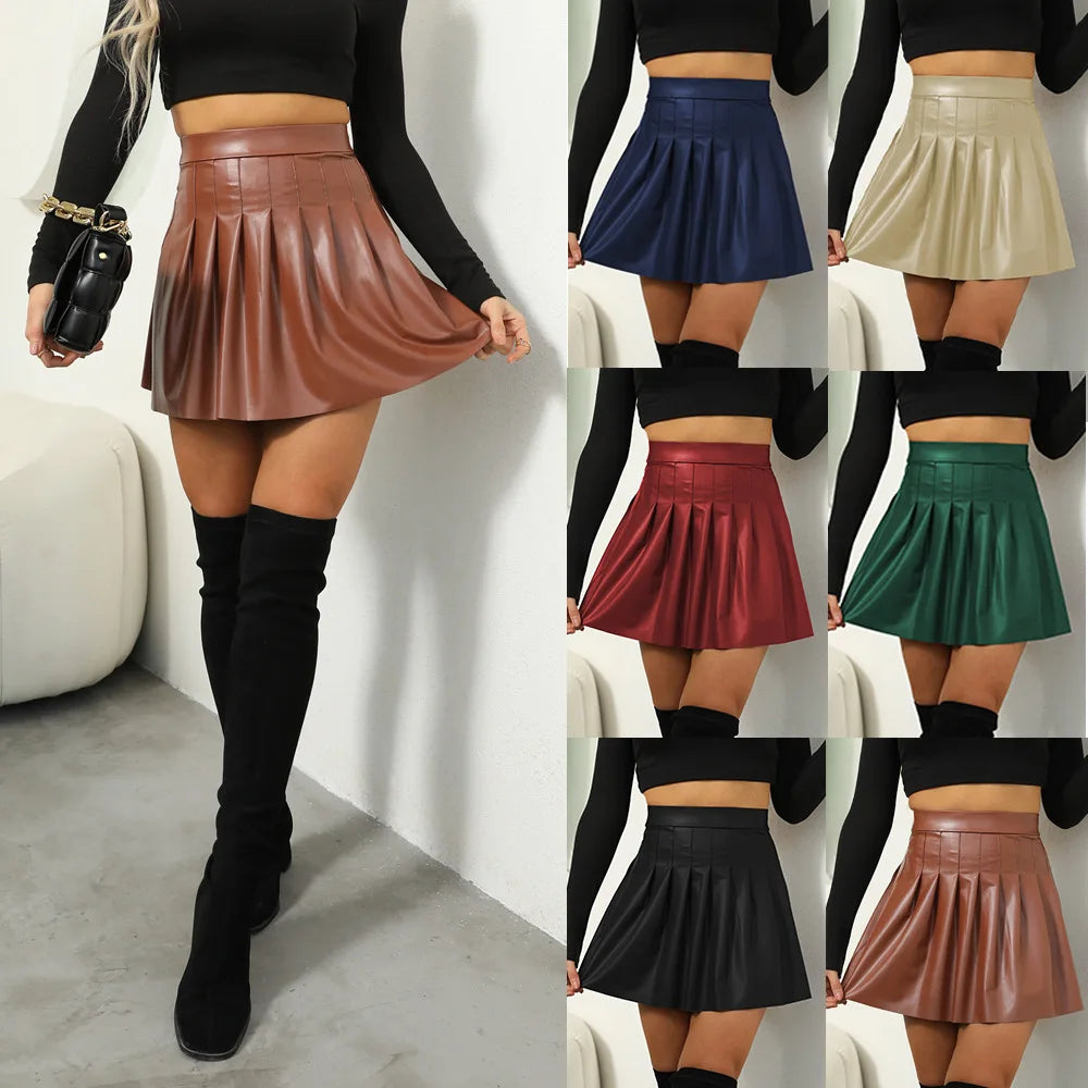 Women's Faux PU Leather Skirts Casual Clubwear High Waist Elastic Stretch Pleated A-Line Skirt QY