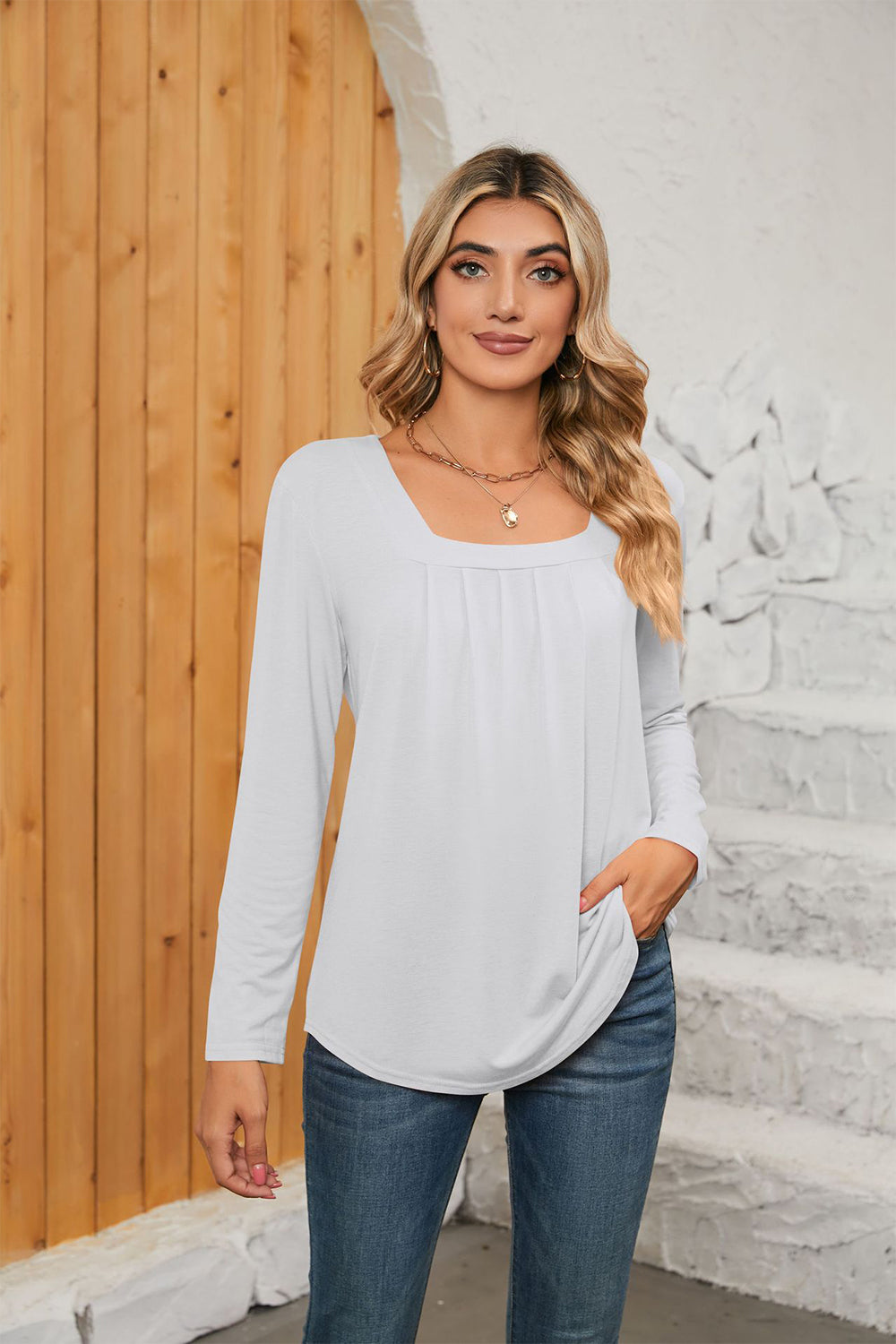 Sky Blush Square Neck Long Sleeve Viscose Blouse | Hypoallergenic - Allergy Friendly - Naturally Free