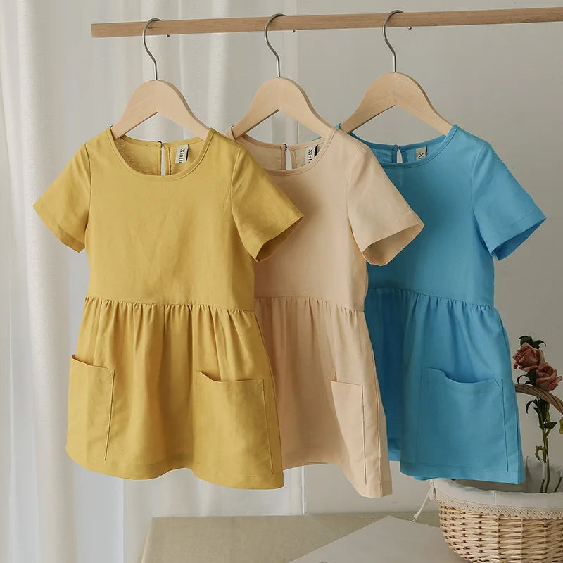 Spring Horizon Short Sleeve Cotton Linen Kids Baby Girls Dress | Hypoallergenic - Allergy Friendly - Naturally Free