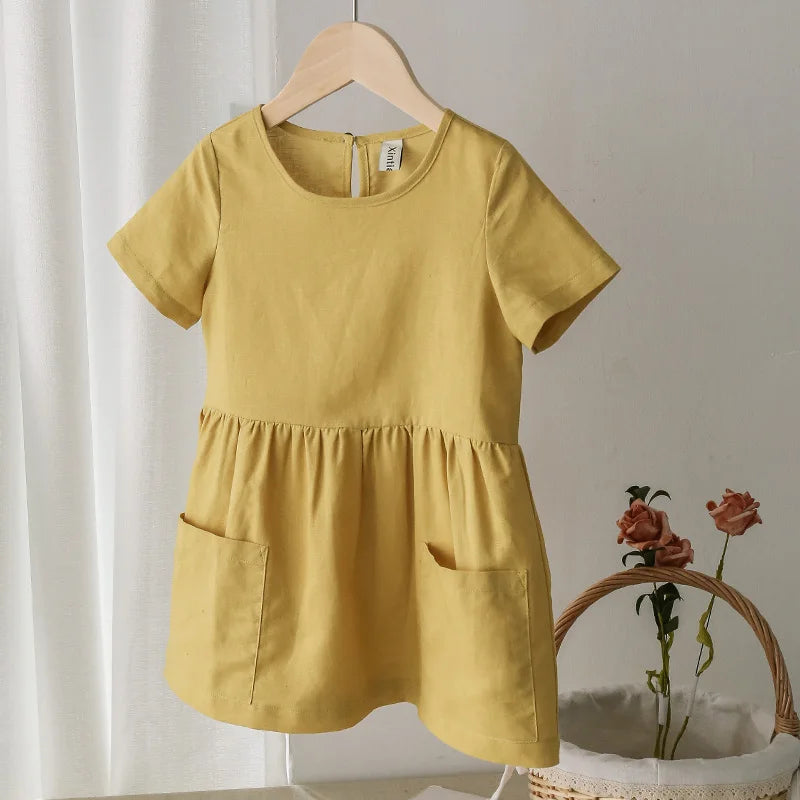 Spring Horizon Short Sleeve Cotton Linen Kids Baby Girls Dress | Hypoallergenic - Allergy Friendly - Naturally Free