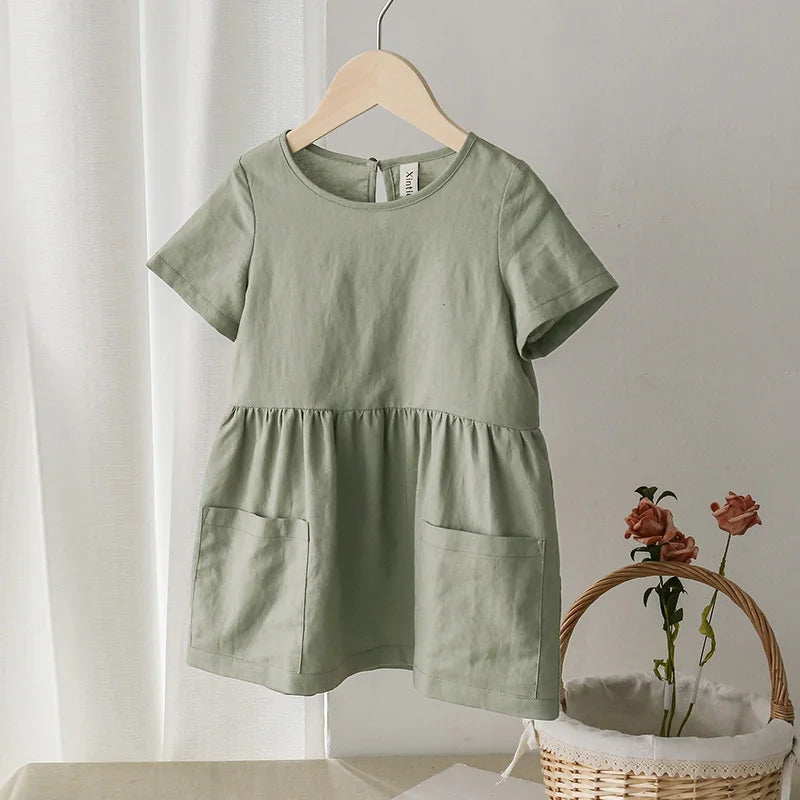 Spring Horizon Short Sleeve Cotton Linen Kids Baby Girls Dress | Hypoallergenic - Allergy Friendly - Naturally Free