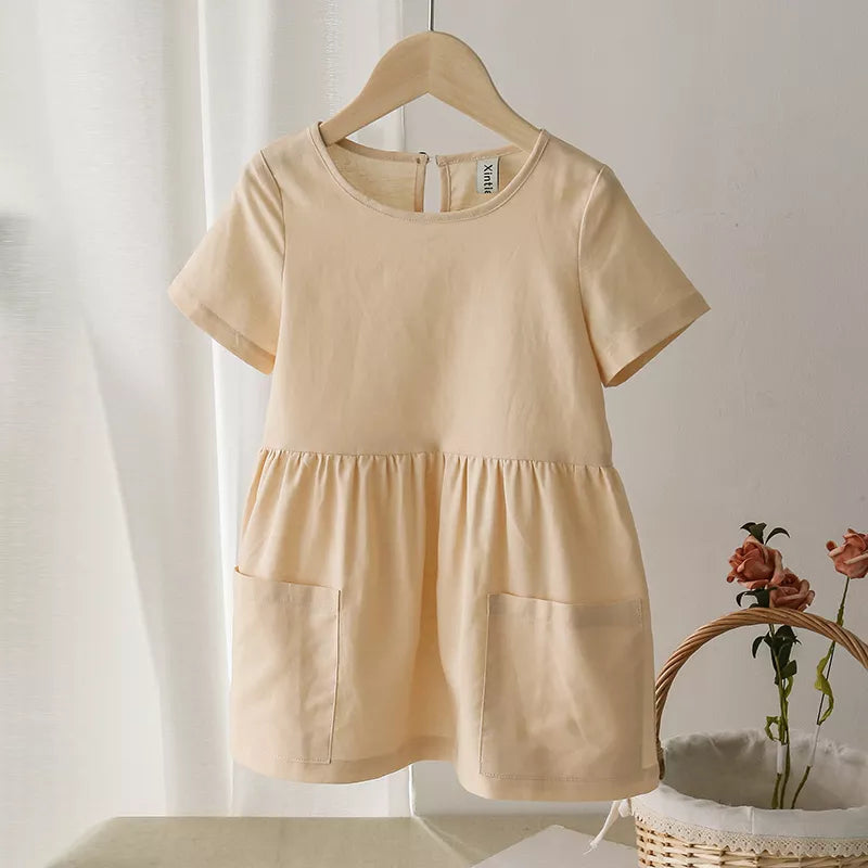 Spring Horizon Short Sleeve Cotton Linen Kids Baby Girls Dress | Hypoallergenic - Allergy Friendly - Naturally Free