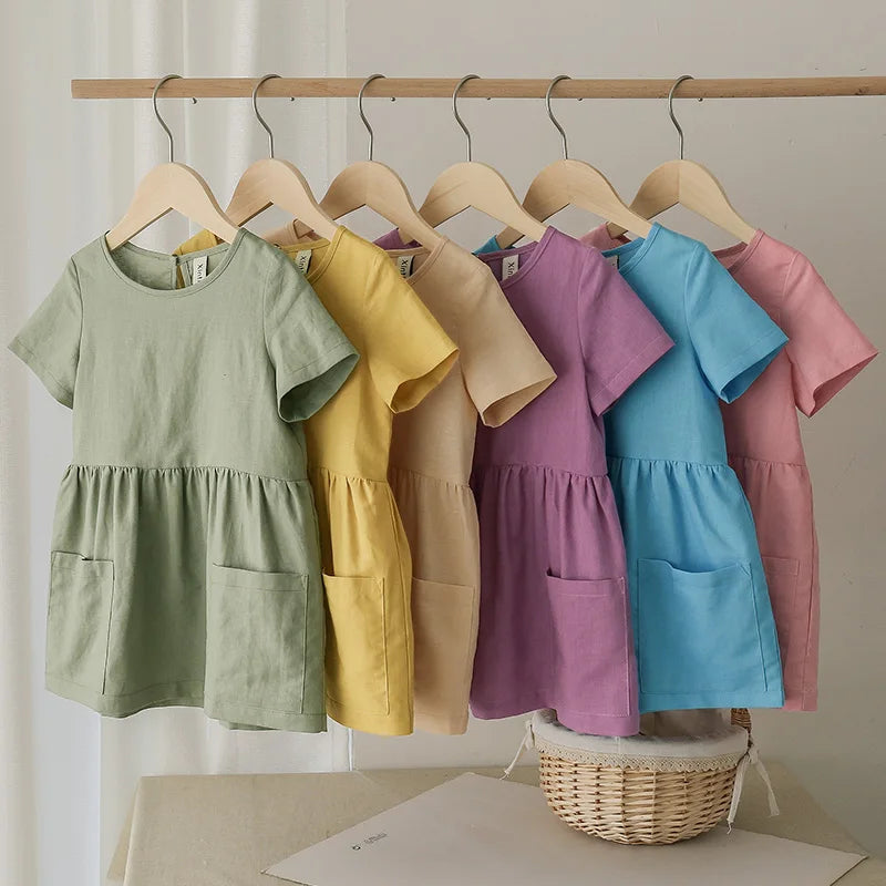 Spring Horizon Short Sleeve Cotton Linen Kids Baby Girls Dress | Hypoallergenic - Allergy Friendly - Naturally Free