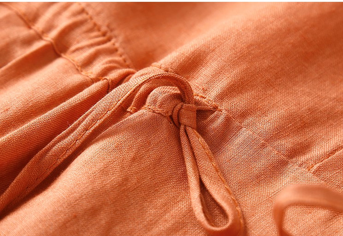 Tangerine Sunset Casual Collar Drawstring 100% Linen Dress | Hypoallergenic - Allergy Friendly - Naturally Free