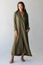 Green Crinkle Button Up Casual Split Shirt Maxi Dress