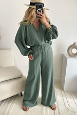 Green Crinkle Split Neck Top Loose Drawstring Pants Set