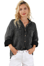 Sky Blue Mineral Wash Crinkle Textured Chest Pockets Shirt