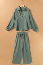 Green Crinkle Split Neck Top Loose Drawstring Pants Set