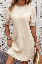 Creme Beige Puff Sleeve 100% Cotton Womens Mini Dress