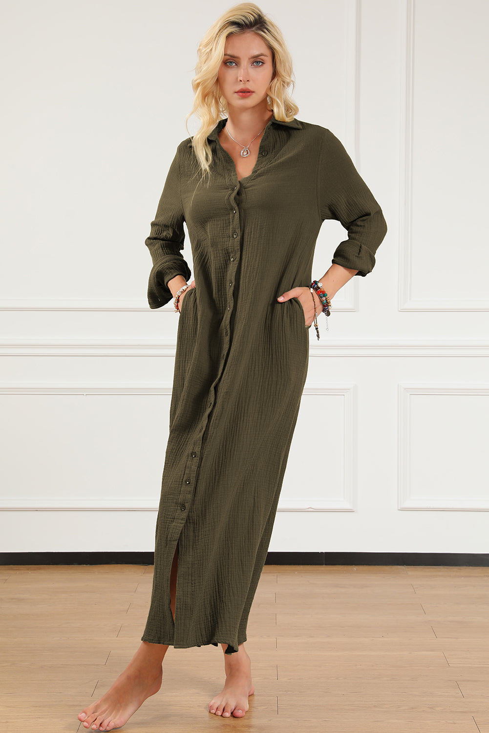 Green Crinkle Button Up Casual Split Shirt Maxi Dress