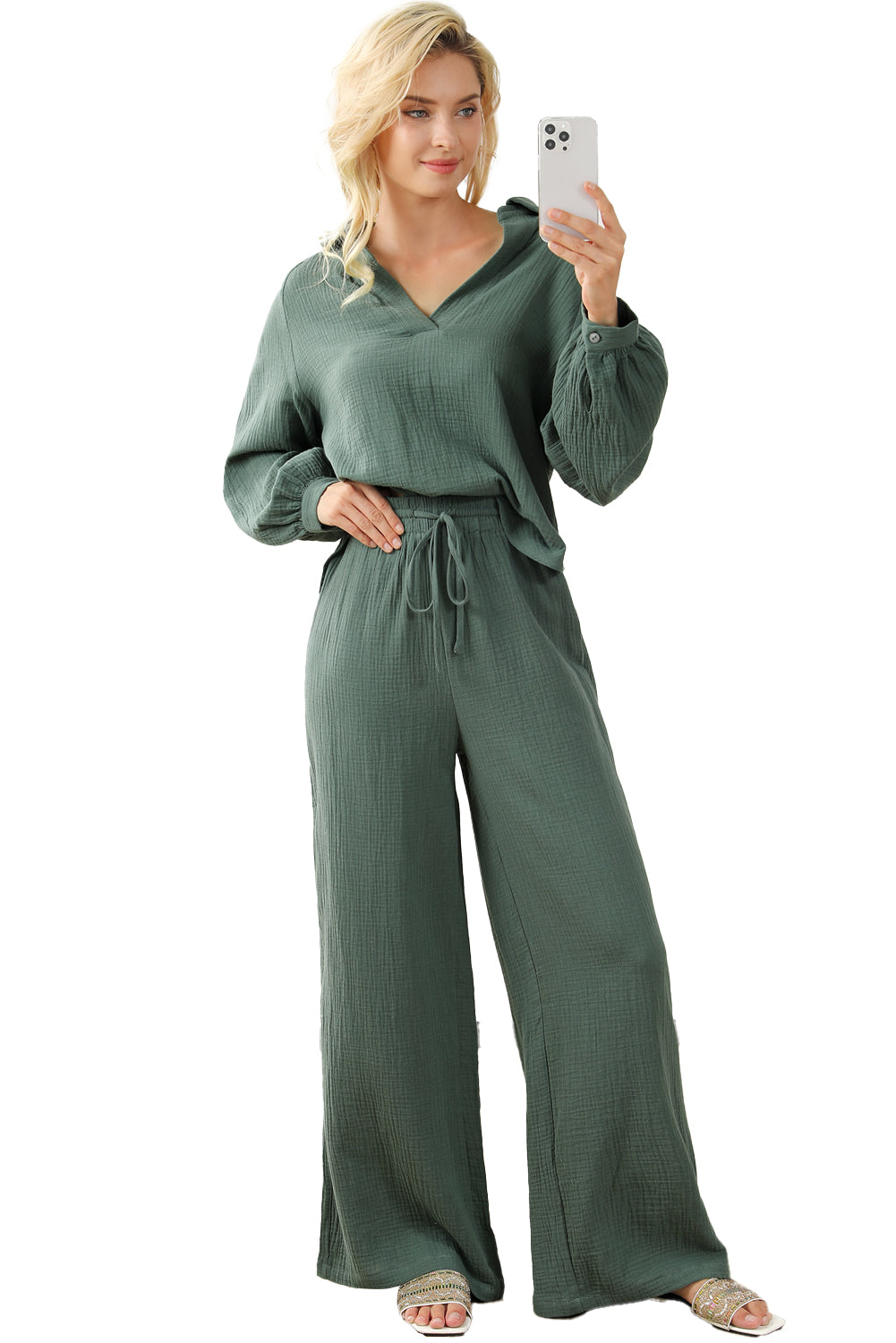 Green Crinkle Split Neck Top Loose Drawstring Pants Set