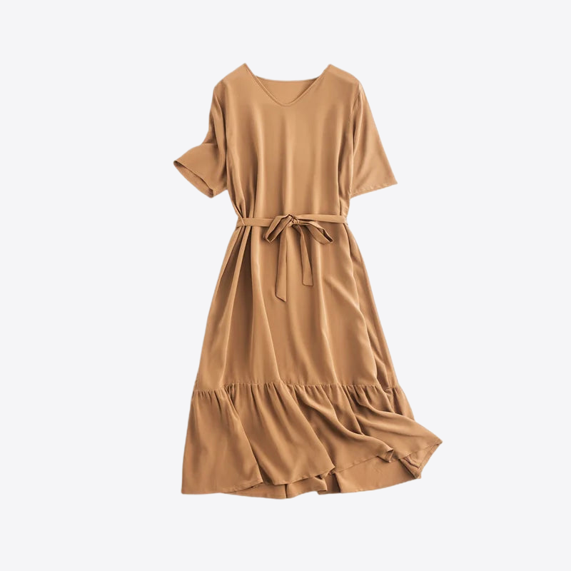 Peach Strawberry V-Neck Mulberry Silk Womens Dress