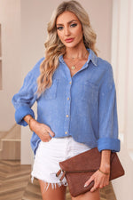 Sky Blue Mineral Wash Crinkle Textured Chest Pockets Shirt