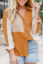 Grapefruit Orange Color Block Buttoned Raw Hem Textured Shirt