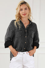 Sky Blue Mineral Wash Crinkle Textured Chest Pockets Shirt