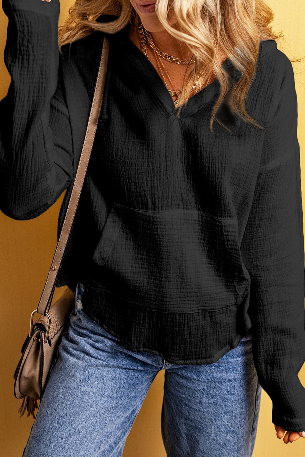 Black Lightweight Crinkle Pocketed Hooded Blouse