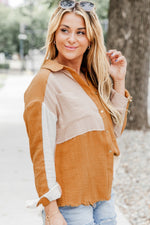 Grapefruit Orange Color Block Buttoned Raw Hem Textured Shirt