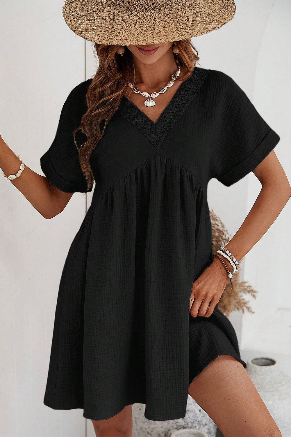 Midnight Mystic Lace V-Neck 100% Cotton Womens Mini Dress