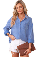 Sky Blue Mineral Wash Crinkle Textured Chest Pockets Shirt